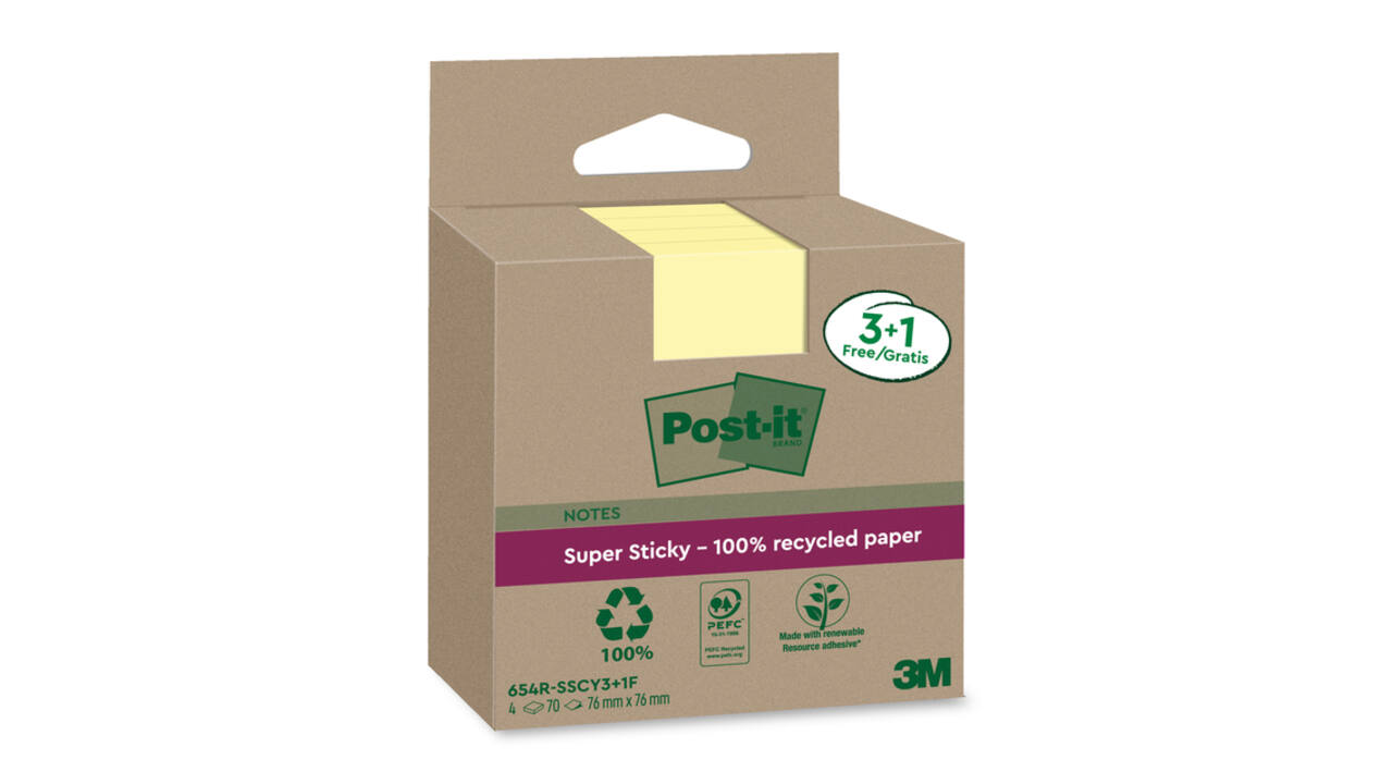 Memoblok 3M Post-it 654 RSSCOL 76x76mm geel 3+1 gratis