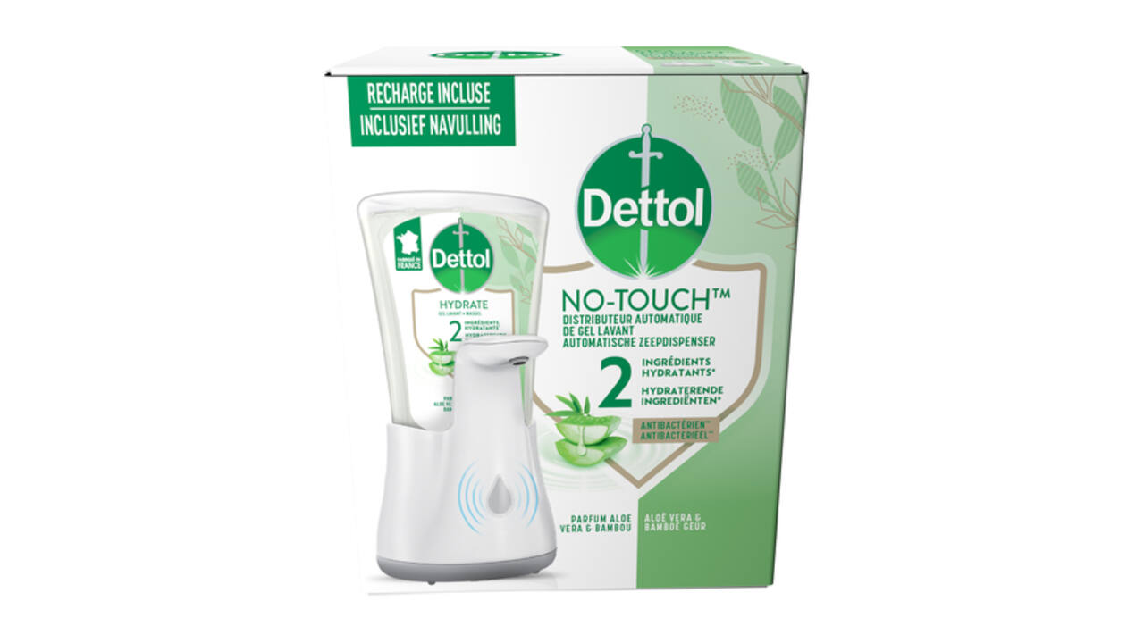 Handzeepdispenser Dettol Hydrating No Touch Kit met zeep 250ml