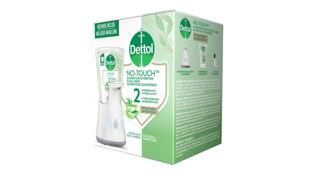 Handzeepdispenser Dettol Hydrating No Touch Kit met zeep 250ml