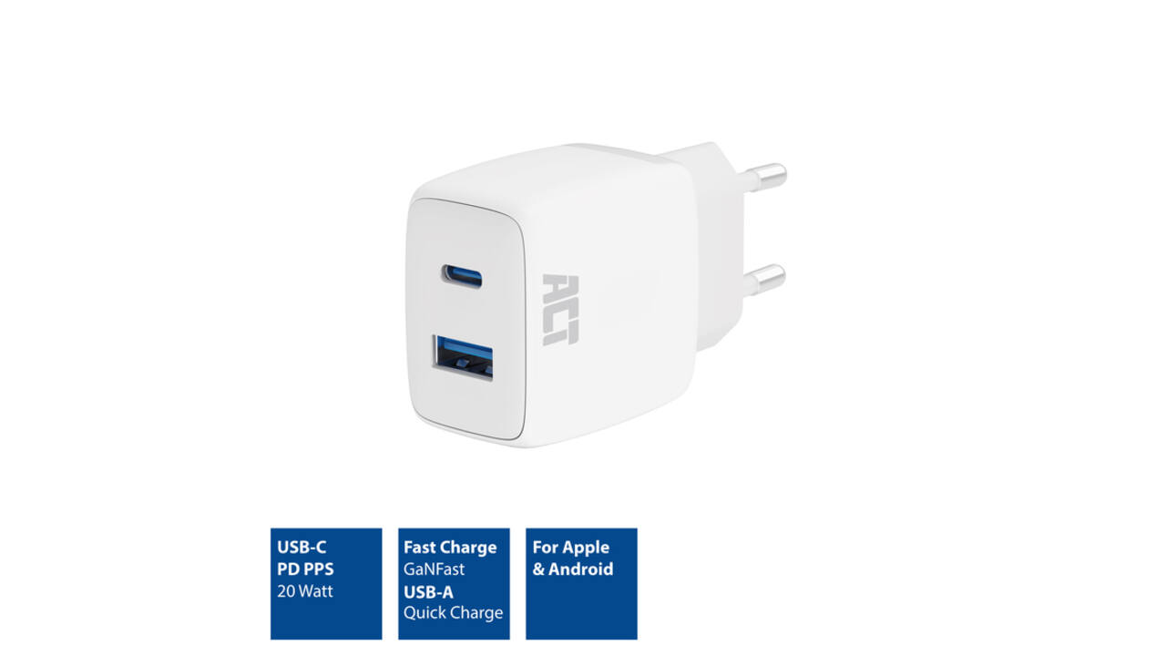 Oplader ACT 20w 2-poorts usb a+c wit