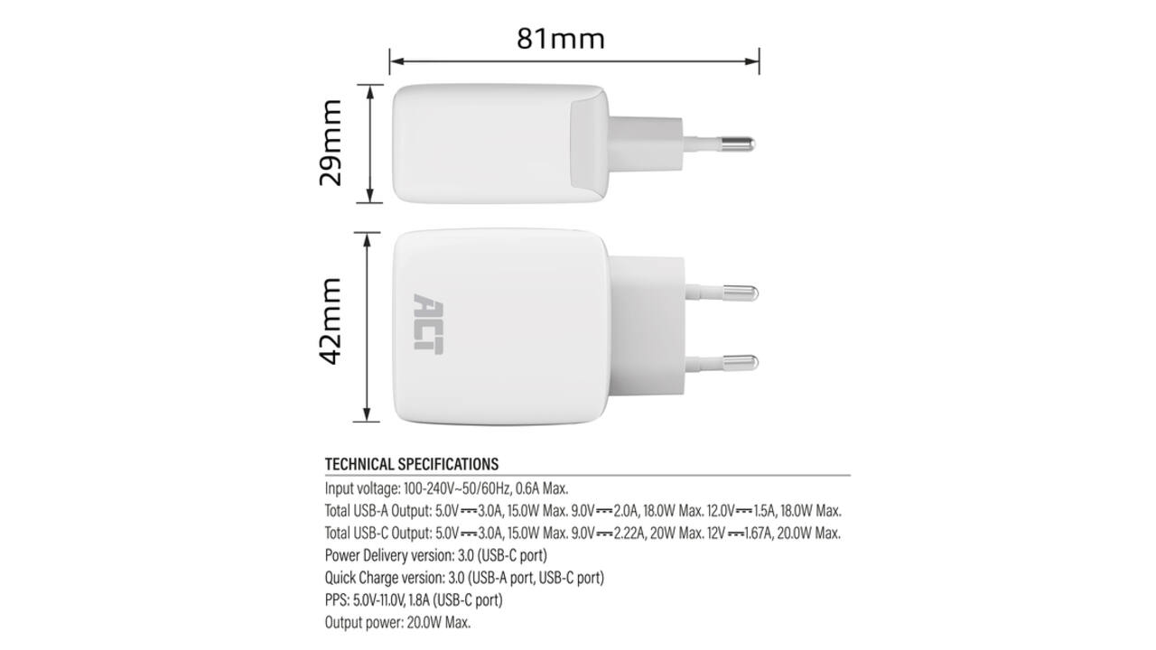 Oplader ACT 20w 2-poorts usb a+c wit