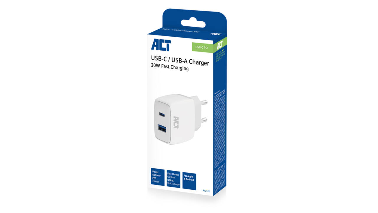 Oplader ACT 20w 2-poorts usb a+c wit