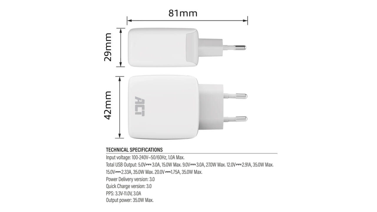 Oplader ACT 35w 1-poort usb c wit