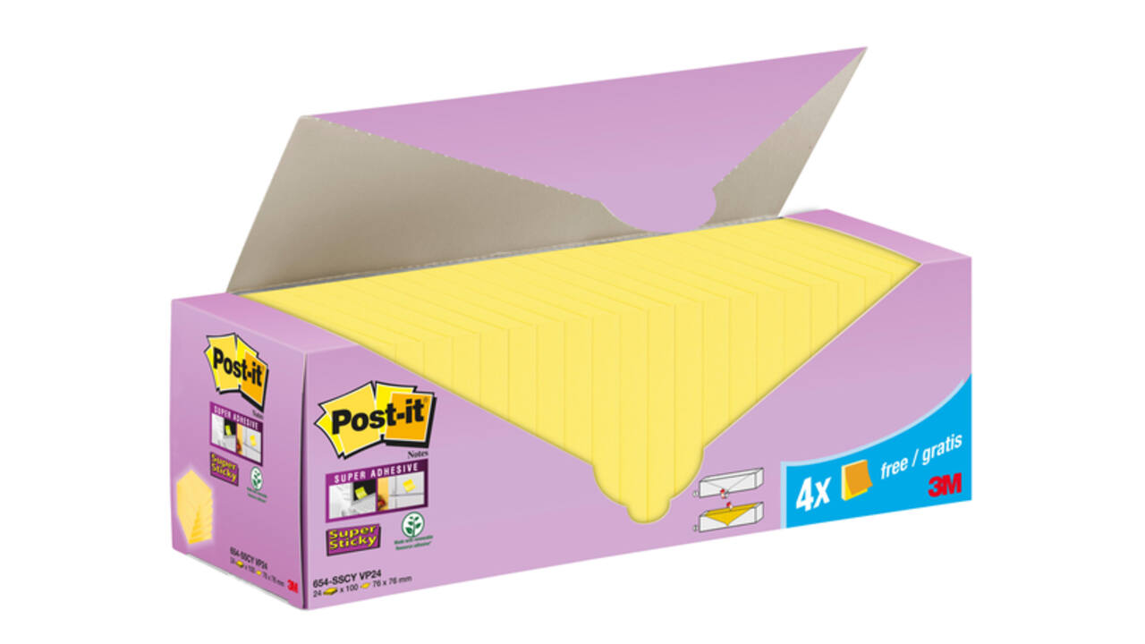 Memoblok 3M Post-it 654-SSCY Super Sticky 76x76mm geel voordeelpak