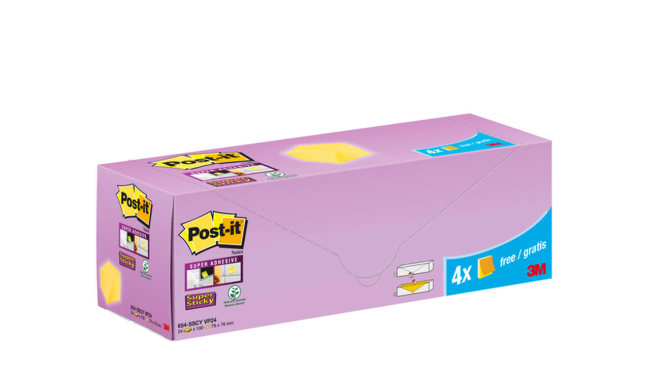 Memoblok 3M Post-it 654-SSCY Super Sticky 76x76mm geel voordeelpak