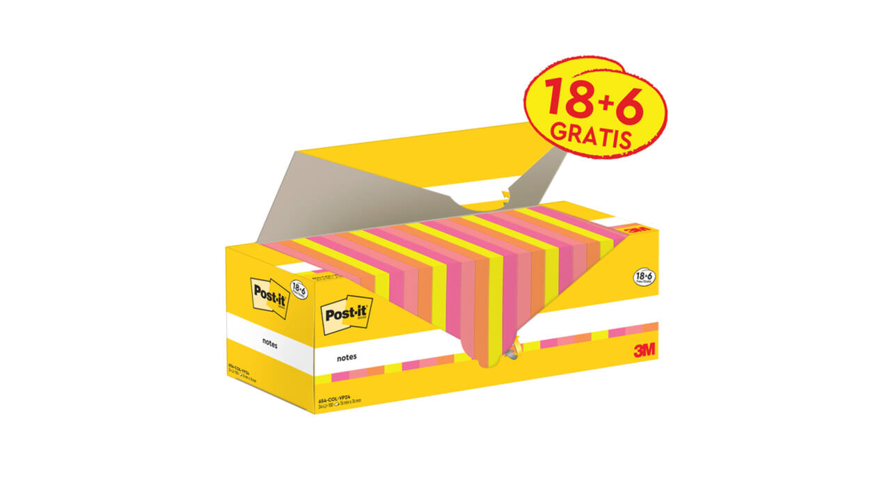Memoblok 3M Post-it 654-COL 76x76mm kleur ass voordeelpak