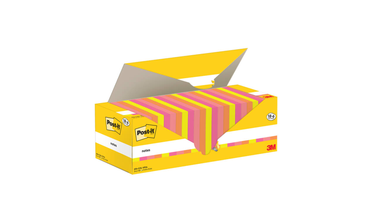 Memoblok 3M Post-it 654-COL 76x76mm kleur ass voordeelpak