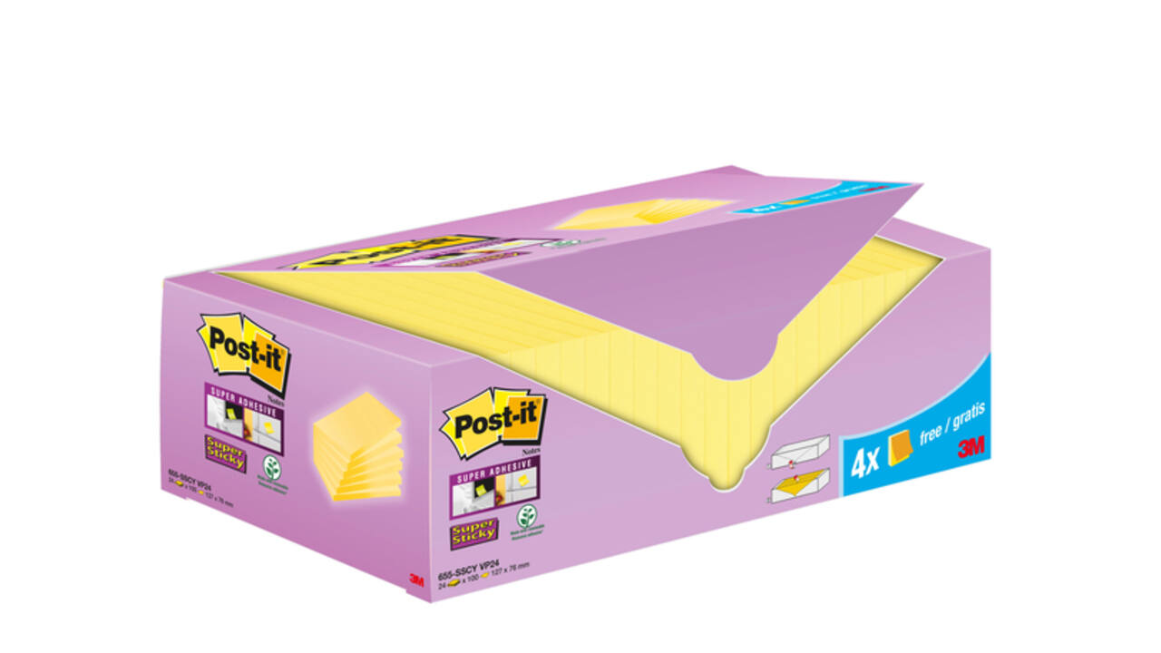 Memoblok 3M Post-it 655-SSCY Super Sticky 76x127mm geel voordeelpak