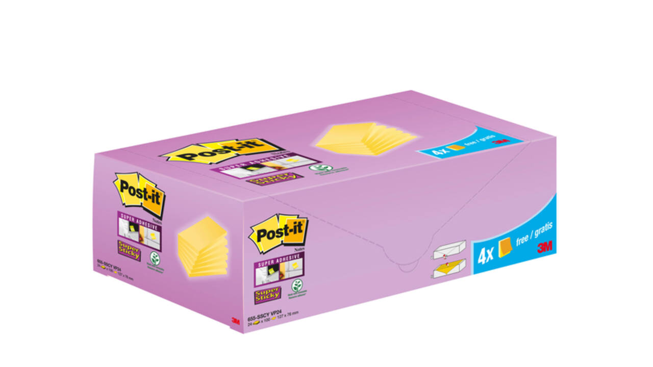 Memoblok 3M Post-it 655-SSCY Super Sticky 76x127mm geel voordeelpak