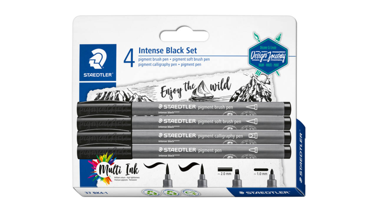 Brushpen Staedtler PigmentArts Intens zwart set à 4 schrijfbreedtes