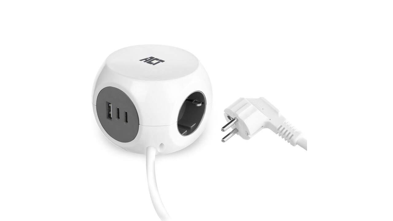 Stekkerblok ACT 3 voudig  inclusief 2x USB C/A 1.5 meter wit/grijs