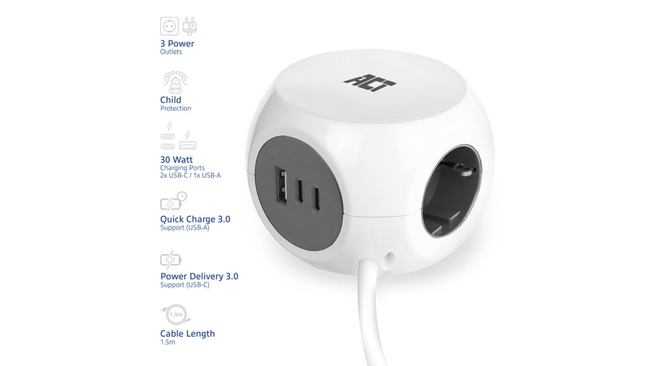 Stekkerblok ACT 3 voudig  inclusief 2x USB C/A 1.5 meter wit/grijs