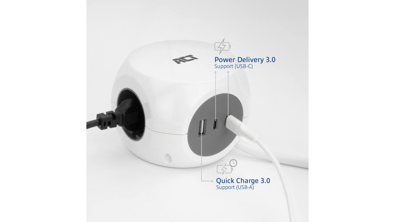 Stekkerblok ACT 3 voudig  inclusief 2x USB C/A 1.5 meter wit/grijs