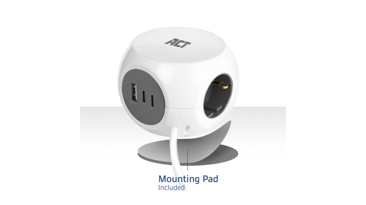 Stekkerblok ACT 3 voudig  inclusief 2x USB C/A 1.5 meter wit/grijs