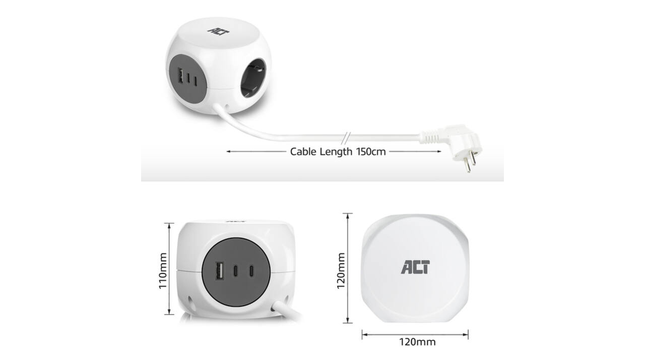 Stekkerblok ACT 3 voudig  inclusief 2x USB C/A 1.5 meter wit/grijs