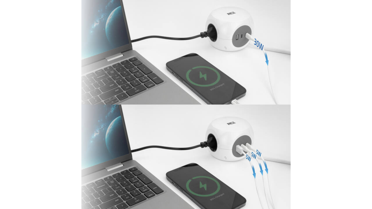 Stekkerblok ACT 3 voudig  inclusief 2x USB C/A 1.5 meter wit/grijs