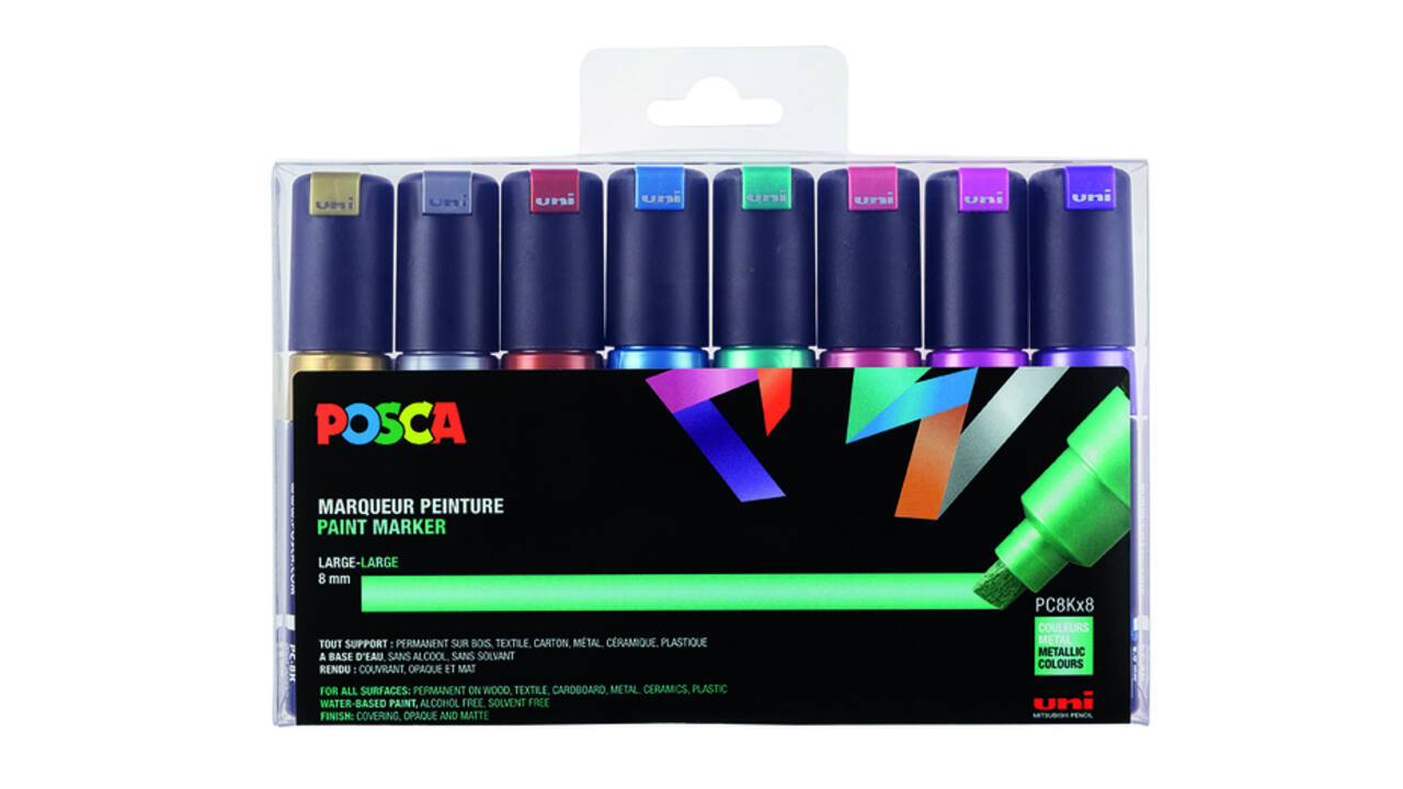 Paintmarker Uni POSCA PC8K breed schuin metallic assorti set à 8 stuks