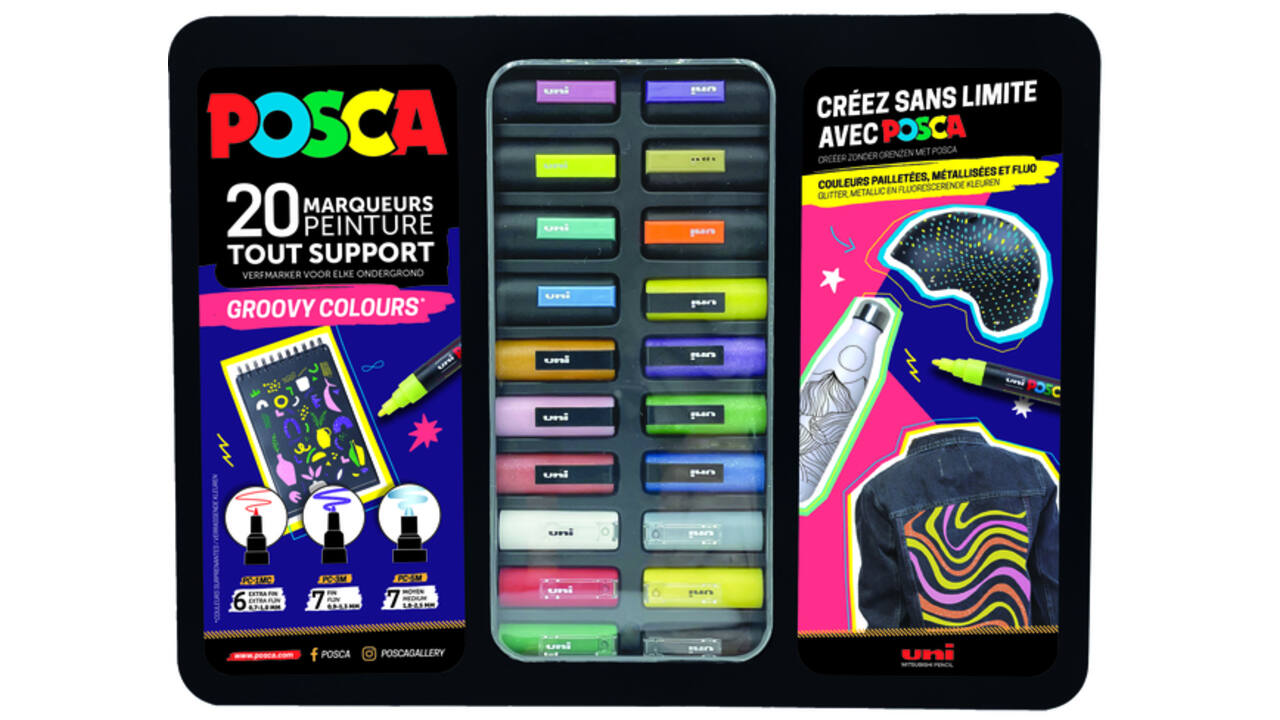 Paintmarker Uni POSCA Groovy Colours assorti metalen koffer à 20 stuks