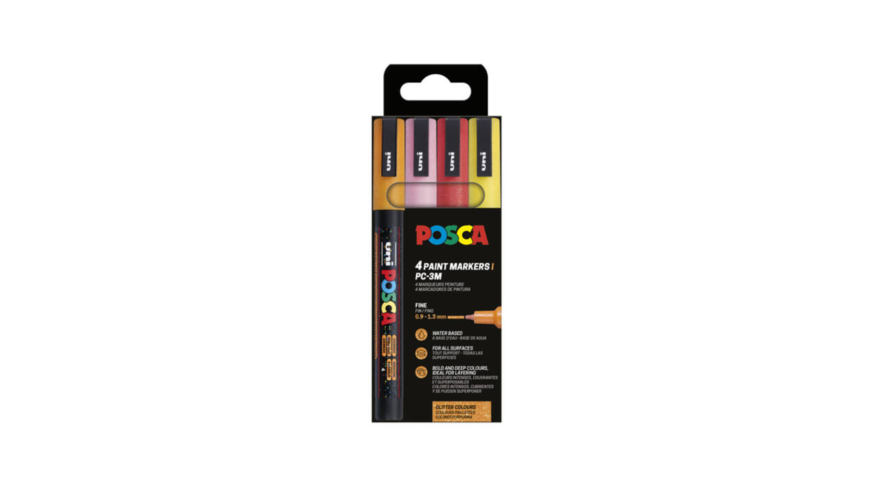 Paintmarker Uni POSCA PC3M fijn glitter warm assorti set à 4 stuks