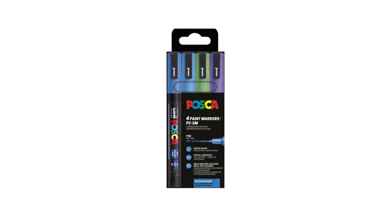 Paintmarker Uni POSCA PC3M fijn glitter koel assorti set à 4 stuks
