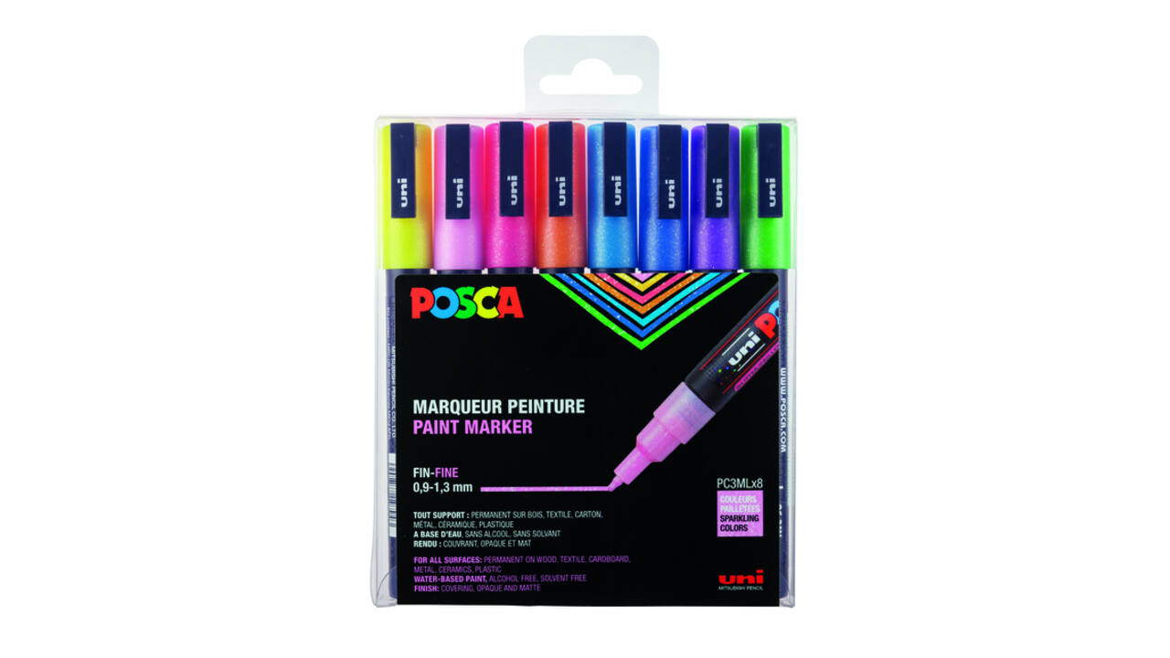 Paintmarker Uni POSCA PC3M fijn glitter pastel assorti set a 8 stuks