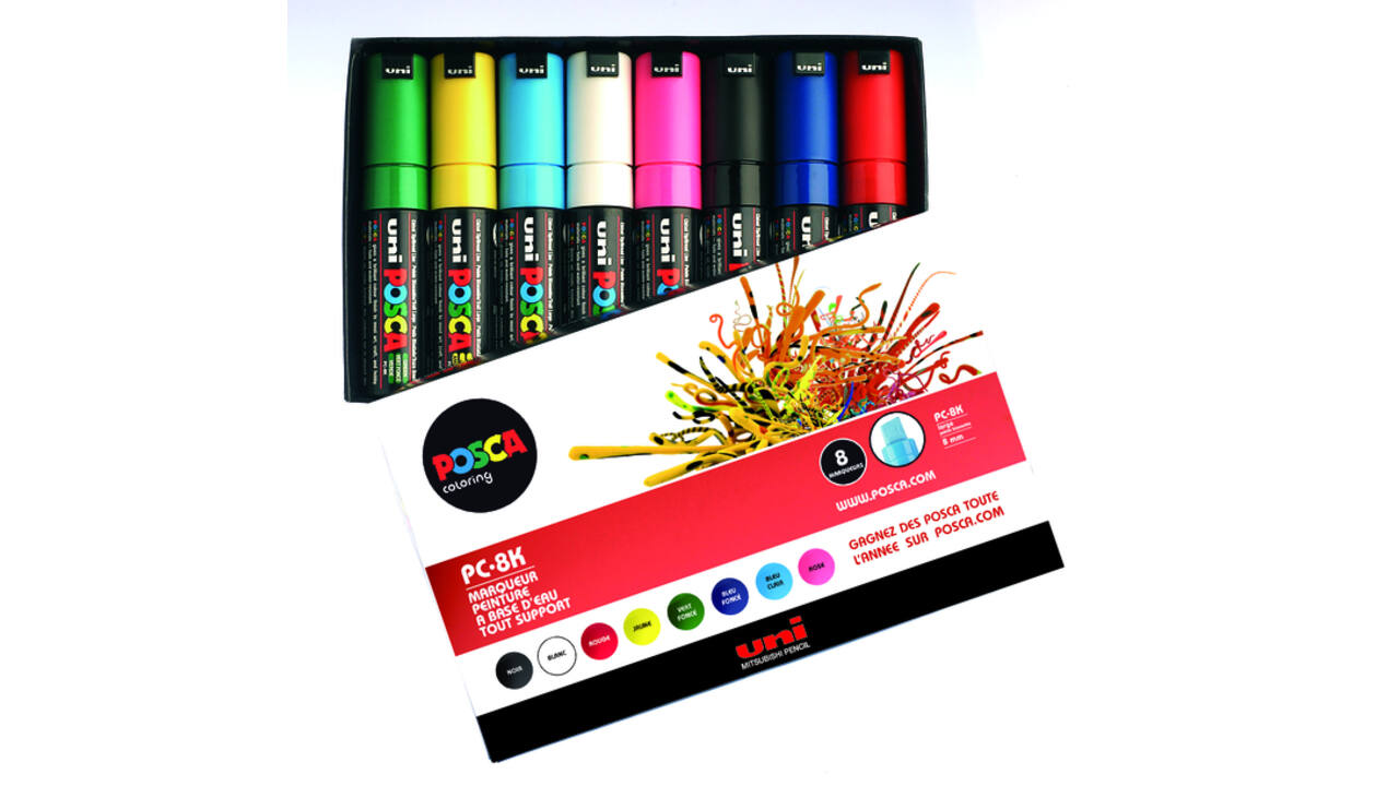 Paintmarker Uni POSCA PC8K breed schuin assorti set à 8 stuks