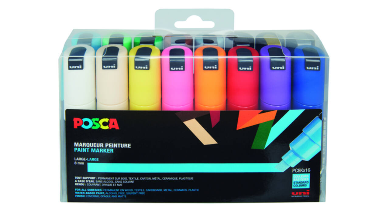 Paintmarker Uni POSCA PC8K breed schuin assorti set à 16 stuks