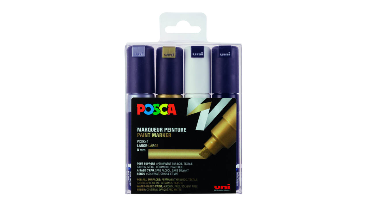 Paintmarker Uni POSCA PC8K breed schuin assorti set à 4 stuks