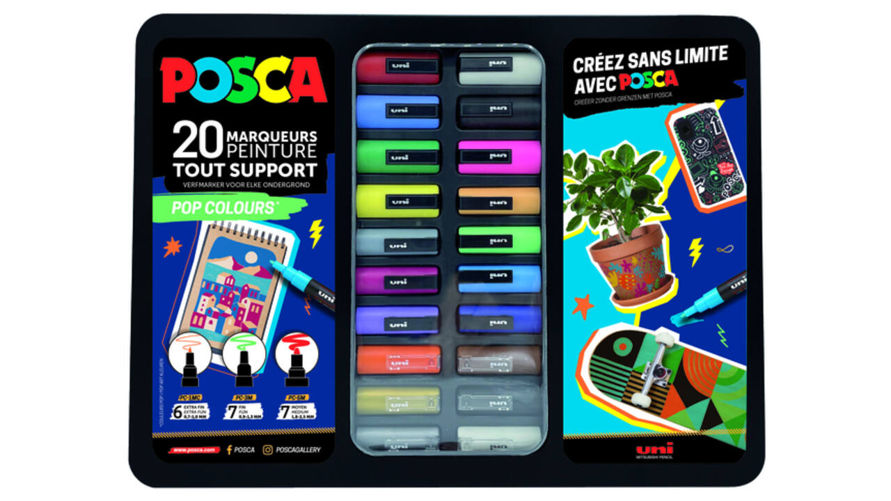 Paintmarker Uni POSCA Pop Colours assorti metalen koffer à 20 stuks