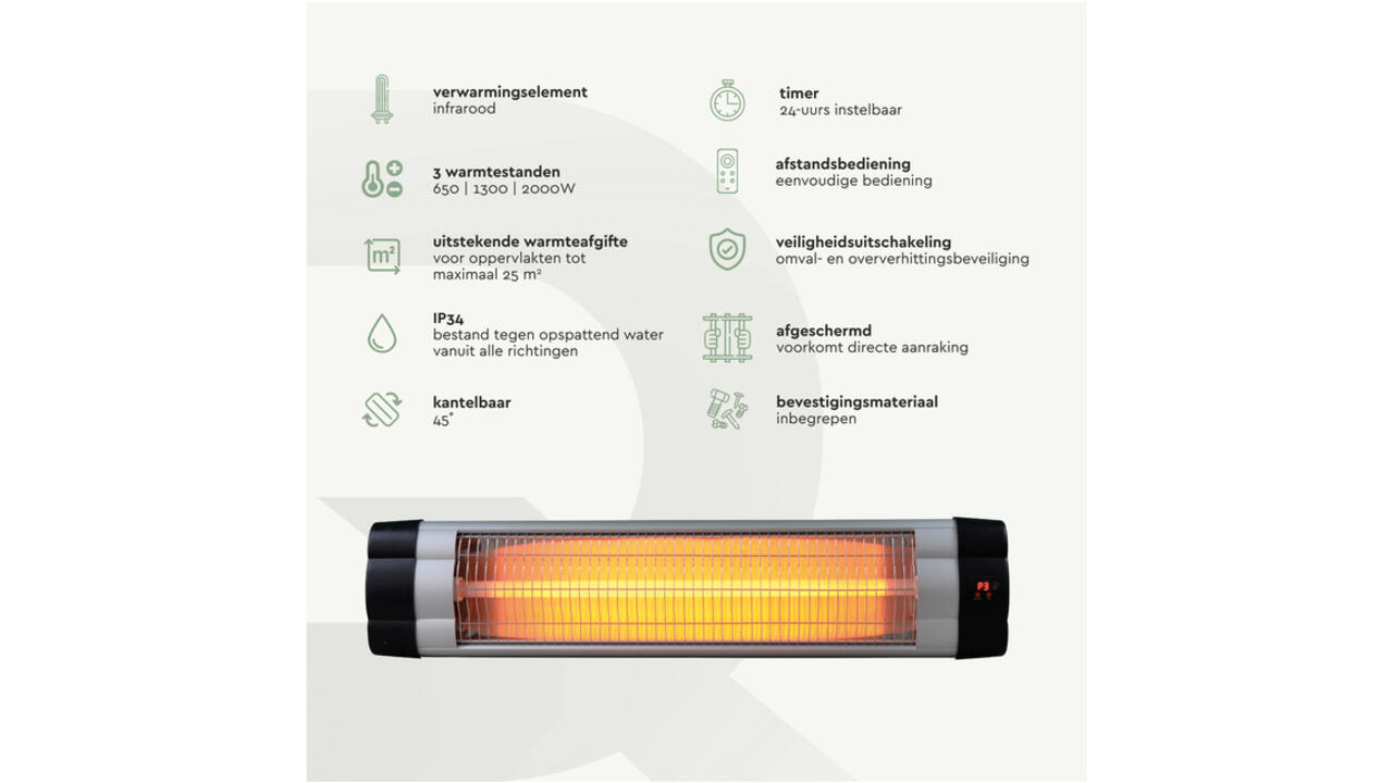Terrasverwarmer BRASQ PHW200 hangend elektrisch met afstandbediening