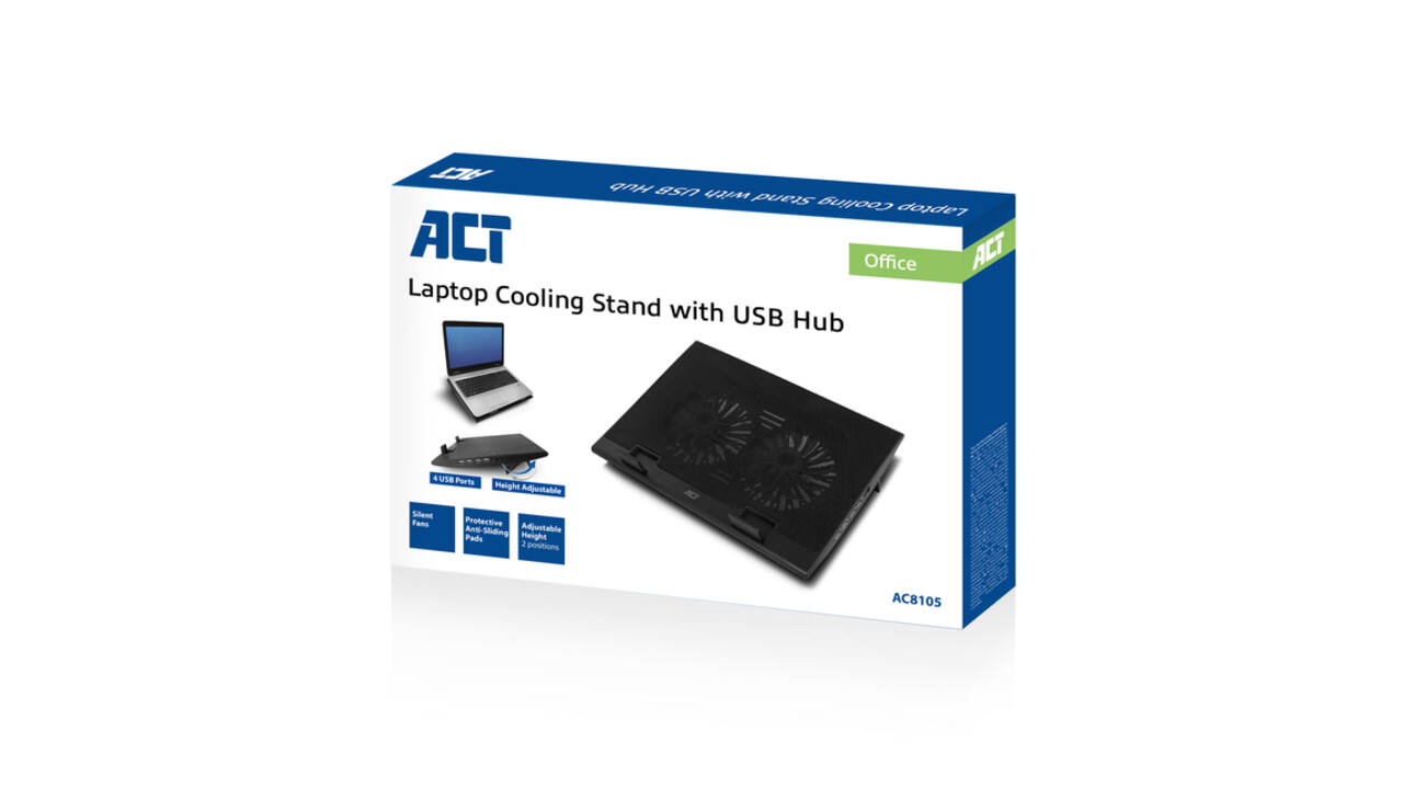 Laptopstandaard ACT 2 standen met ventilator 4-p hub
