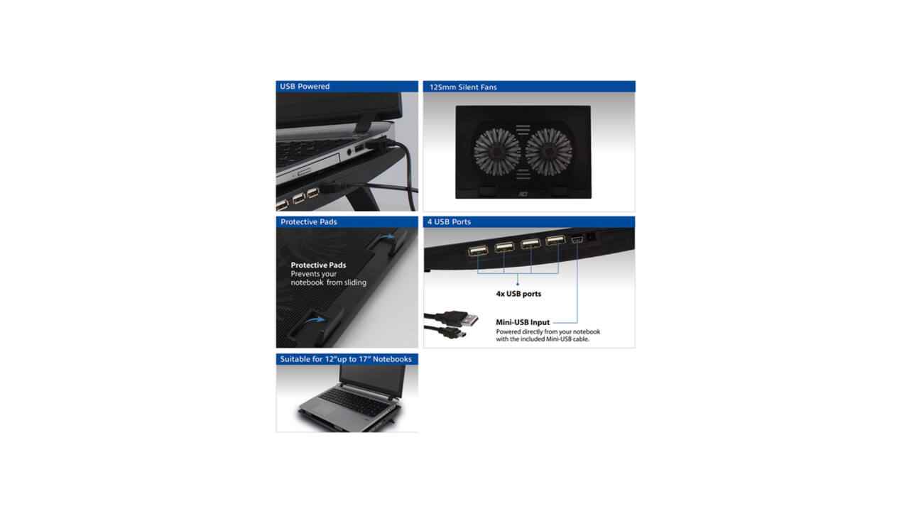 Laptopstandaard ACT 2 standen met ventilator 4-p hub