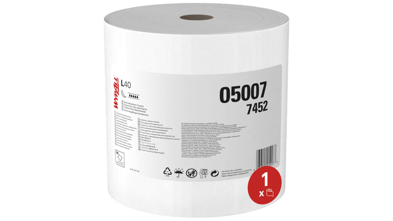 Poetsrol WypAll L40 PowerClean 1-laags 315mmx232m 750 vel wit 7452