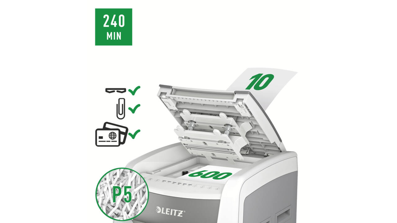 Papiervernietiger Leitz IQ Auto+ Office Pro 600 P5 snippers 2x15mm