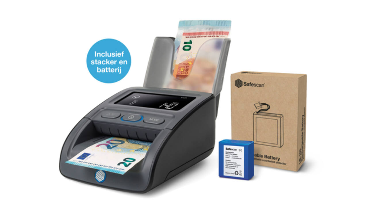 Valsgeld detector Safescan 155-S G2 complete set met oplaadbare batterij en biljetten stacker