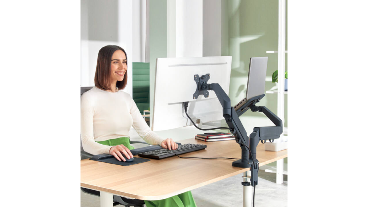 Monitor- en laptoparm Leitz Ergo ruimtebesparend dubbel donkergrijs
