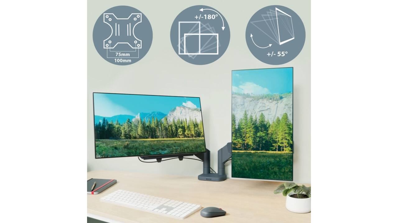 Monitorarm Leitz Ergo ruimtebesparend dubbel donkergrijs
