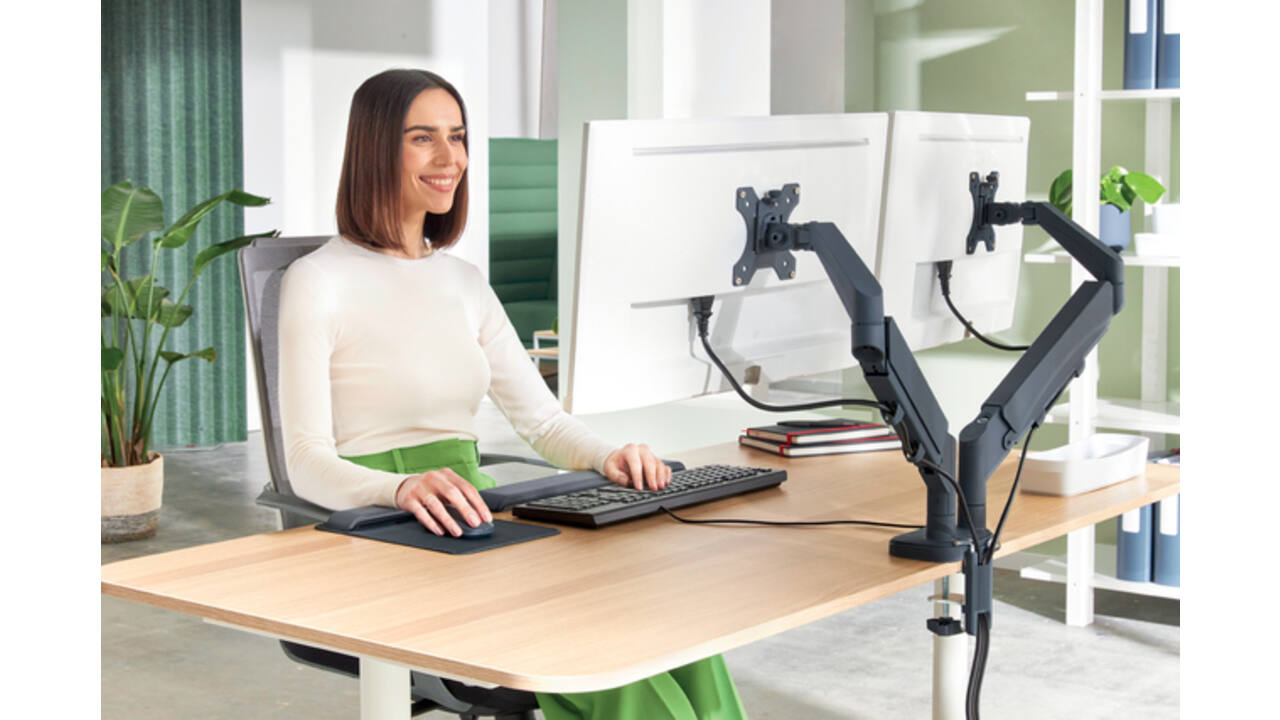 Monitorarm Leitz Ergo ruimtebesparend dubbel donkergrijs