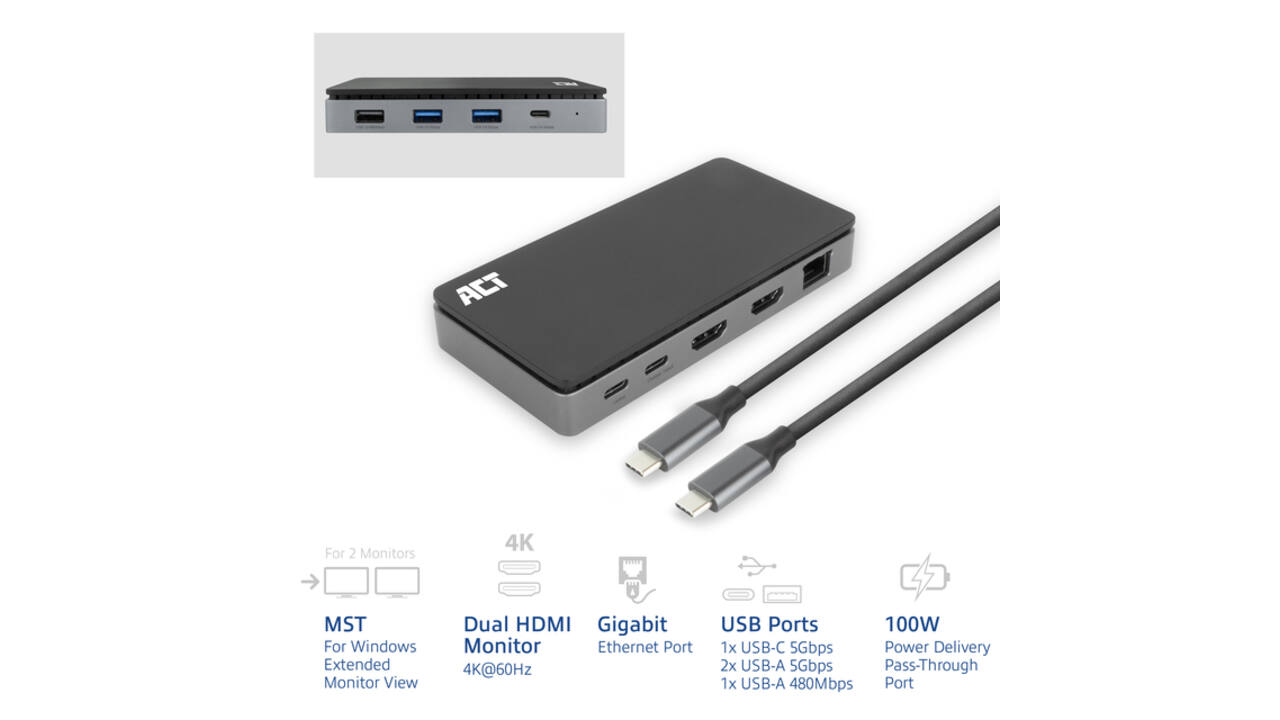 Dockingstation ACT USB-C 4K MST voor 2 HDMI monitoren