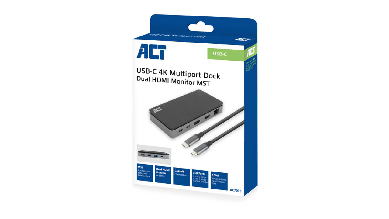 Dockingstation ACT USB-C 4K MST voor 2 HDMI monitoren