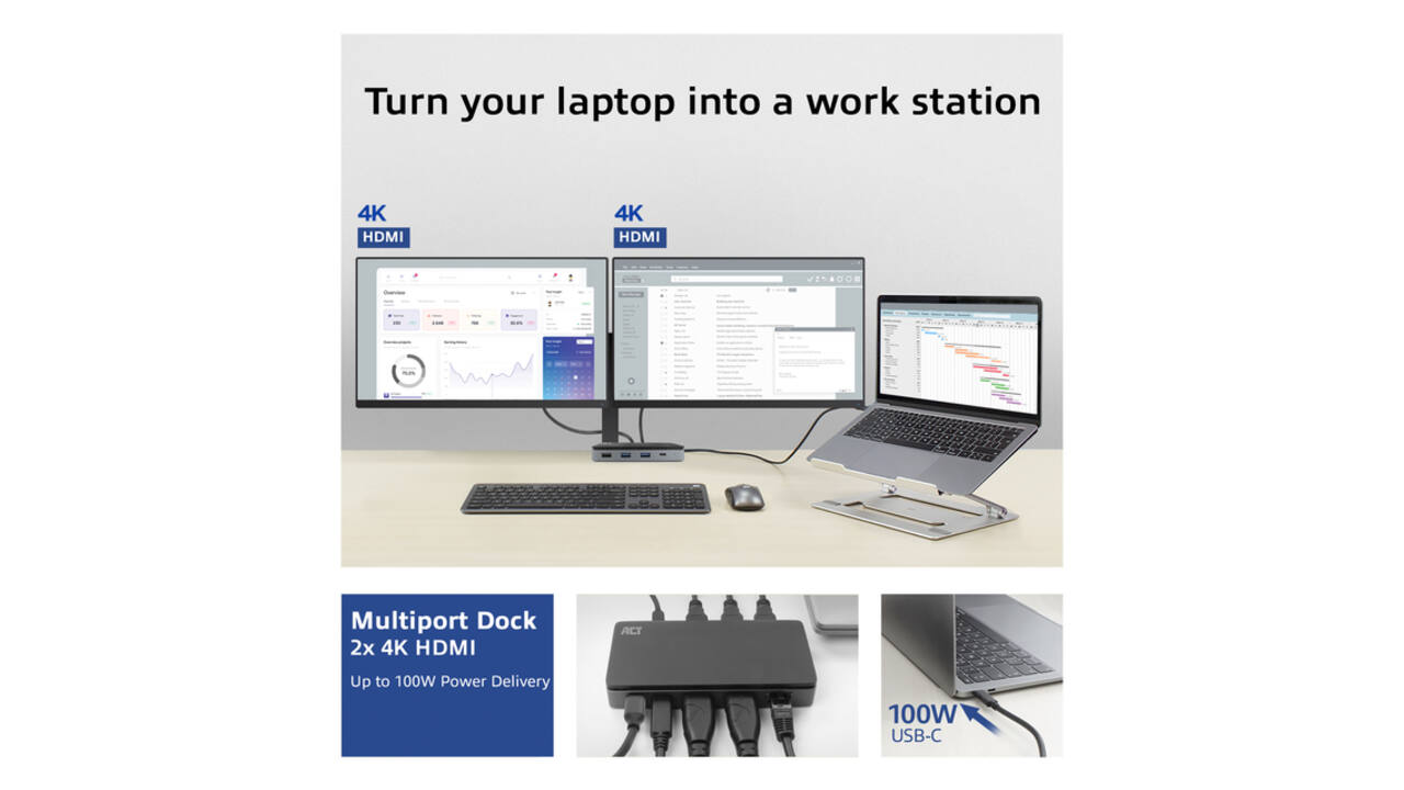 Dockingstation ACT USB-C 4K MST voor 2 HDMI monitoren