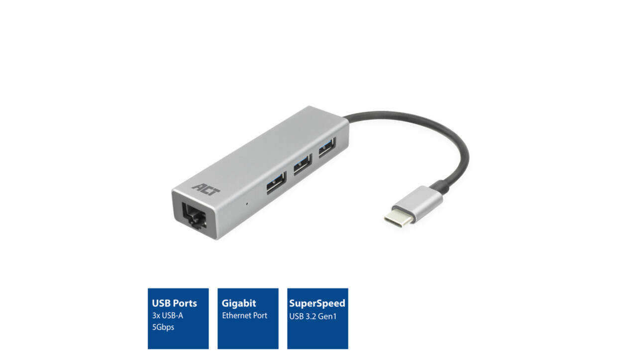 Hub ACT USB-C 3.0 3x USB-A Gigabit ethernet