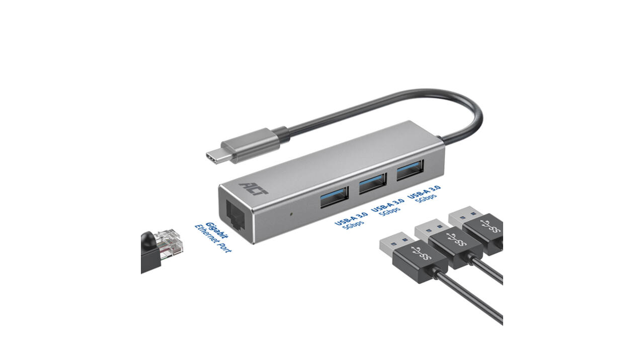 Hub ACT USB-C 3.0 3x USB-A Gigabit ethernet