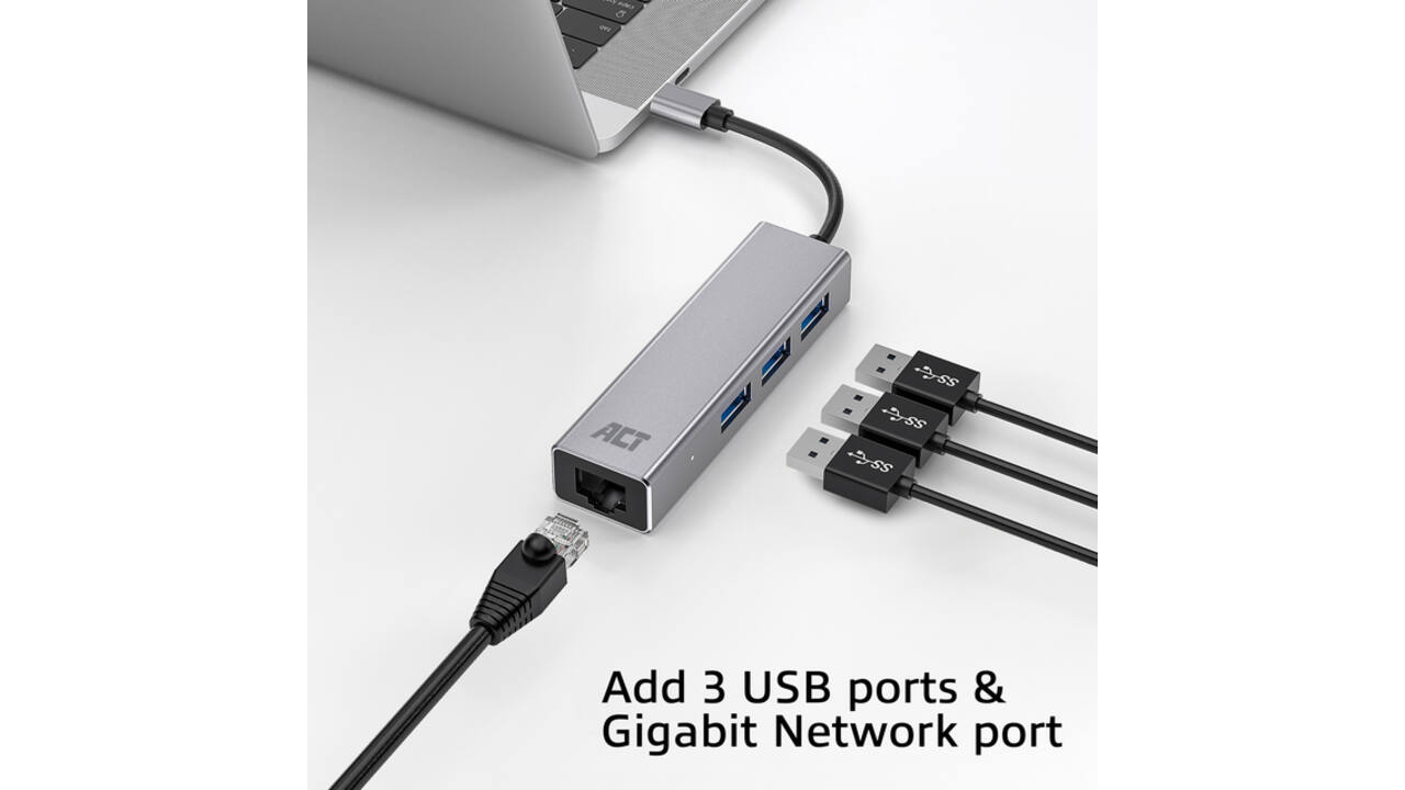 Hub ACT USB-C 3.0 3x USB-A Gigabit ethernet