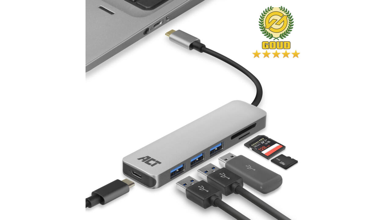 Hub ACT USB-C 3.0, 3x USB-A cardreader PD p-through
