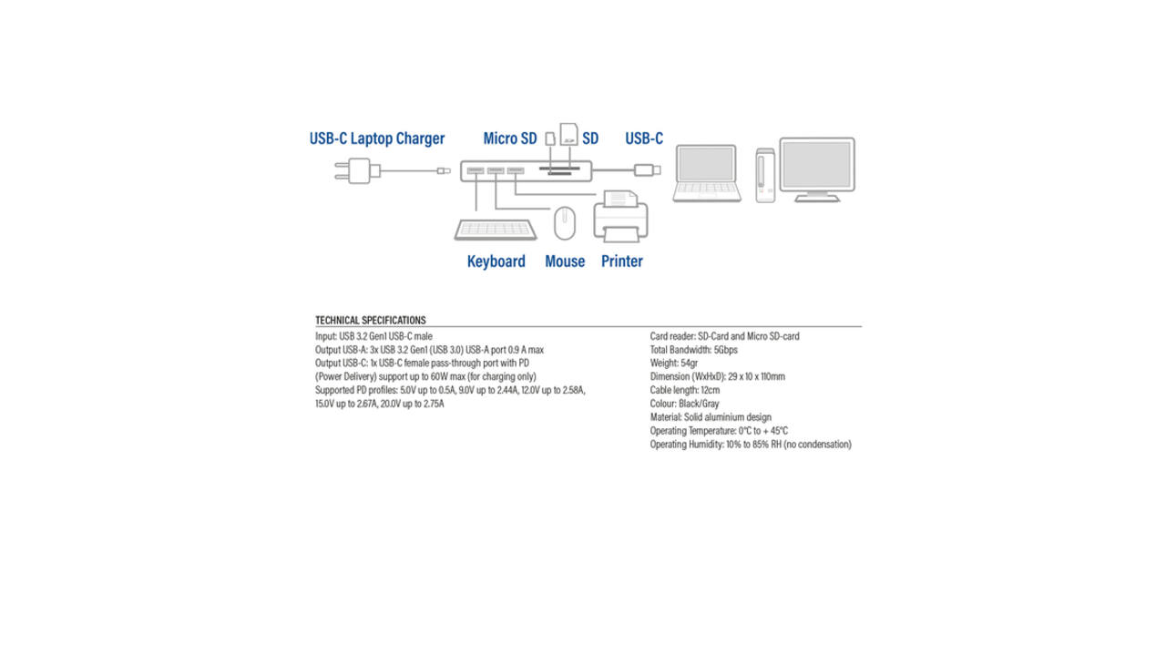 Hub ACT USB-C 3.0, 3x USB-A cardreader PD p-through