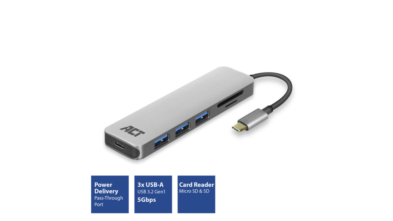 Hub ACT USB-C 3.0, 3x USB-A cardreader PD p-through