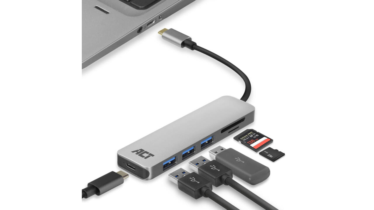 Hub ACT USB-C 3.0, 3x USB-A cardreader PD p-through