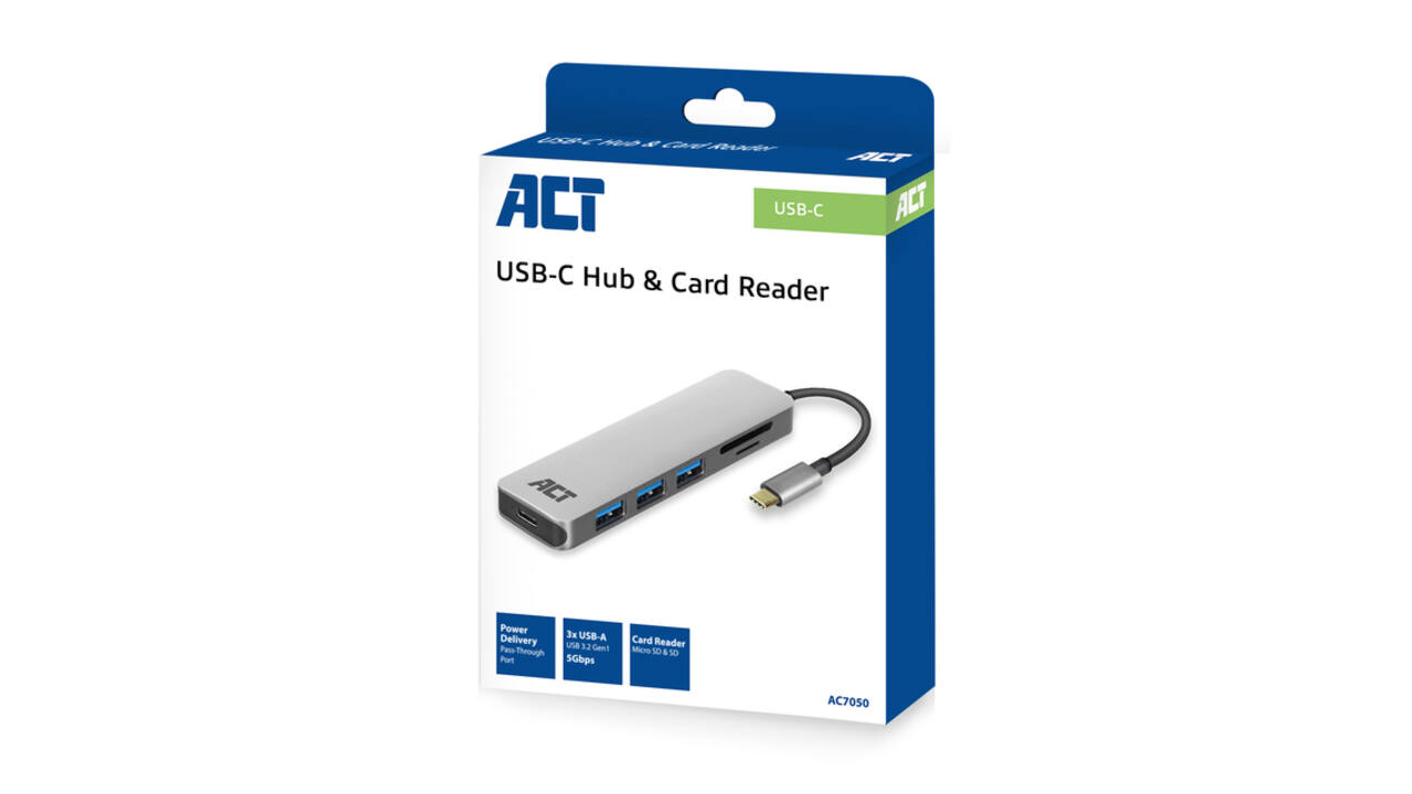 Hub ACT USB-C 3.0, 3x USB-A cardreader PD p-through