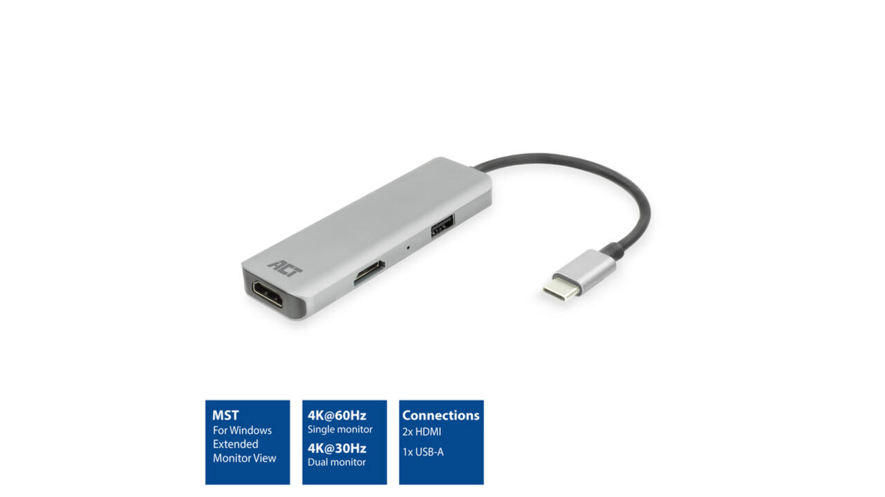 Adapter ACT USB-C 4K multiport voor 2 HDMI monitoren